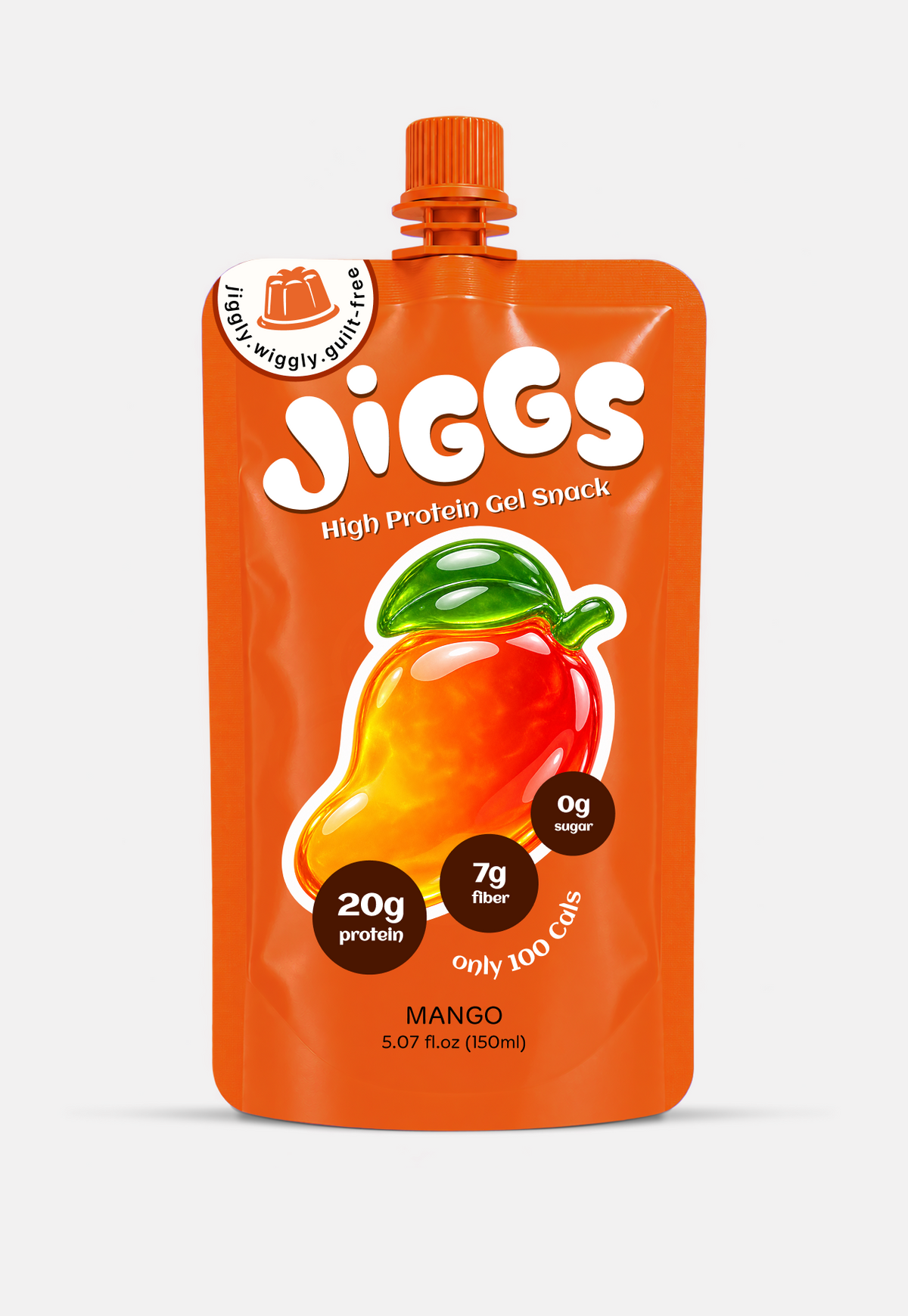 Jiggs Mango high-protein jelly pouch — 20g protein, 7g fiber, 0g sugar, 100 calories