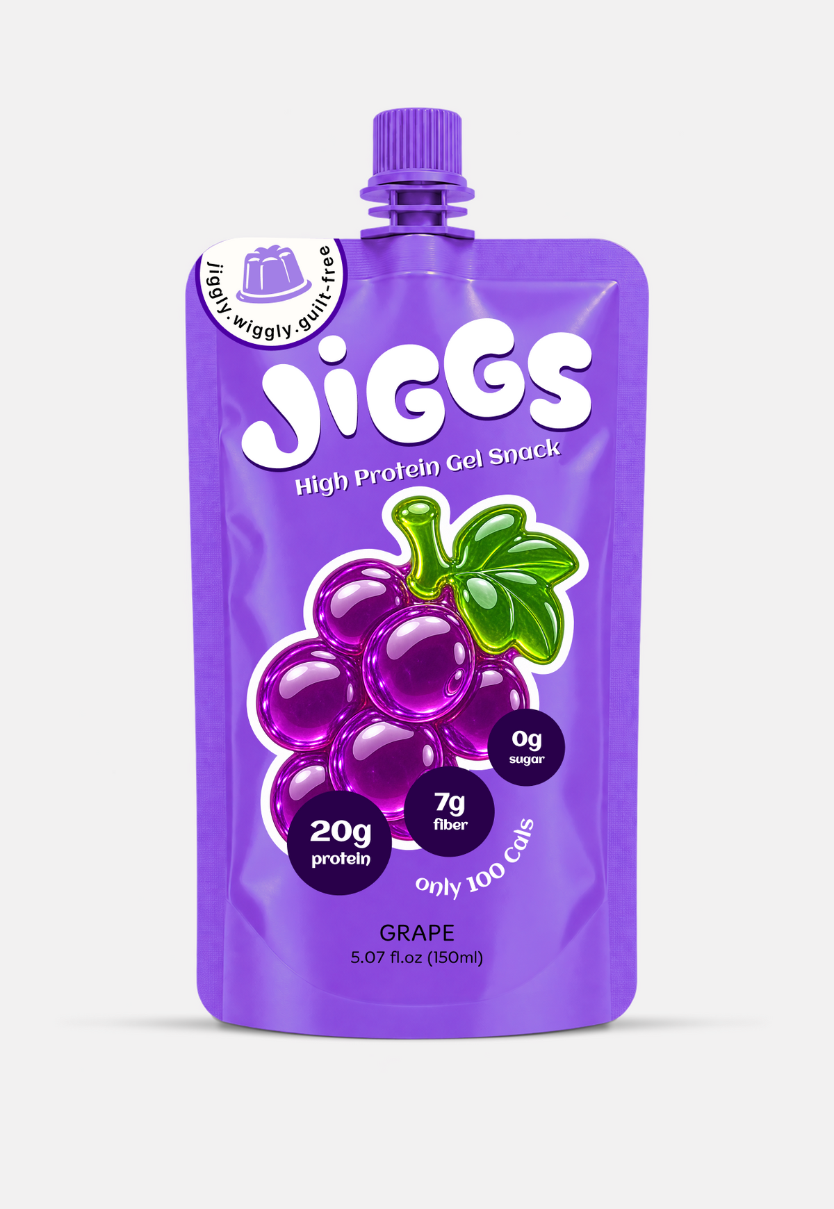 Jiggs Grape high-protein jelly pouch with 20g protein, 7g fiber, 0g sugar, 100 calories