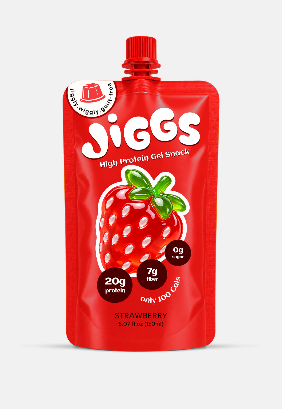 Jiggs Strawberry high-protein jelly pouch — 20g protein, 7g fiber, 0g sugar, 100 calories